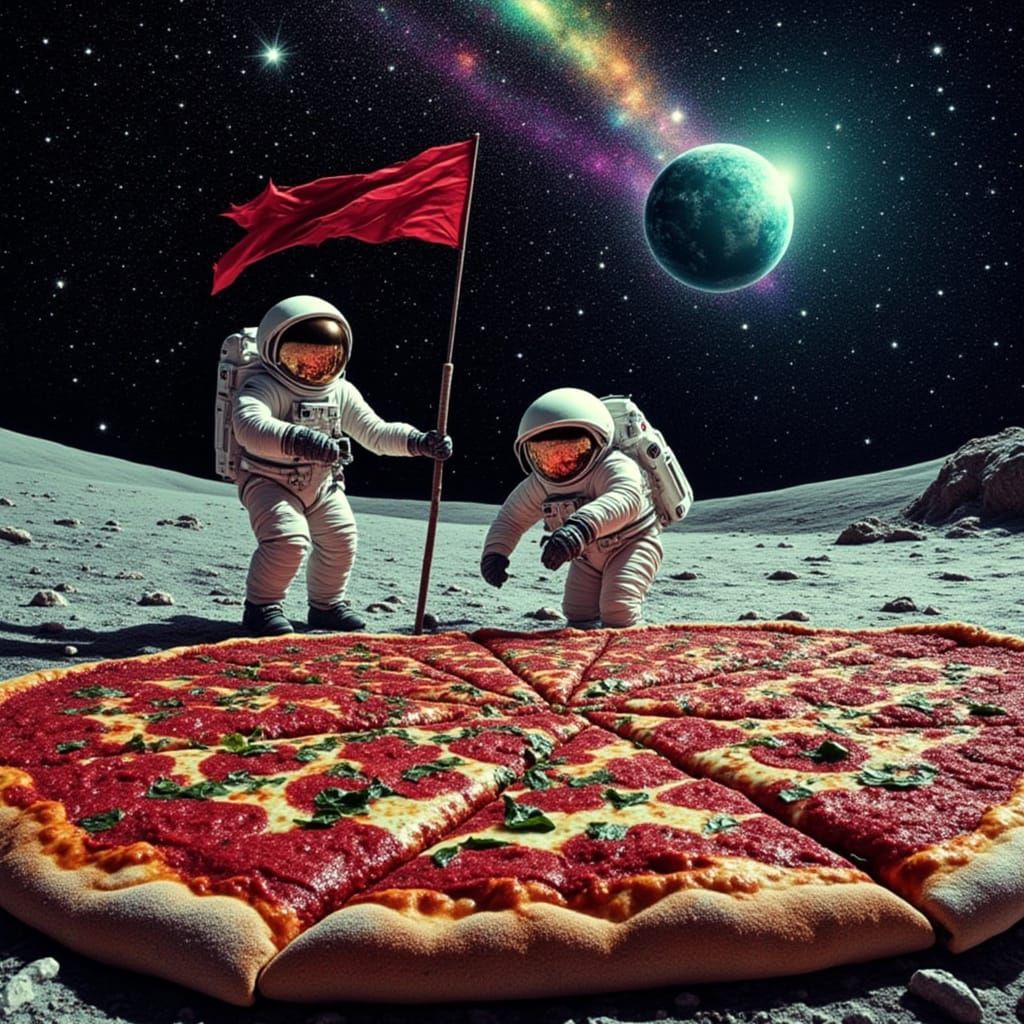 Surreal Space Age Pizza Flag Planting in Vibrant Colors