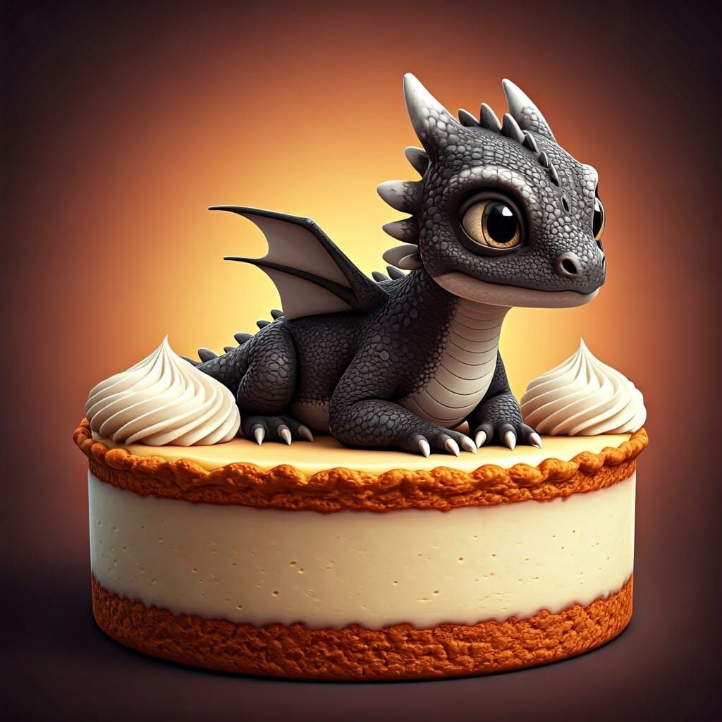 Monochrome Baby Dragon on Cheesecake: 3D Digital Art