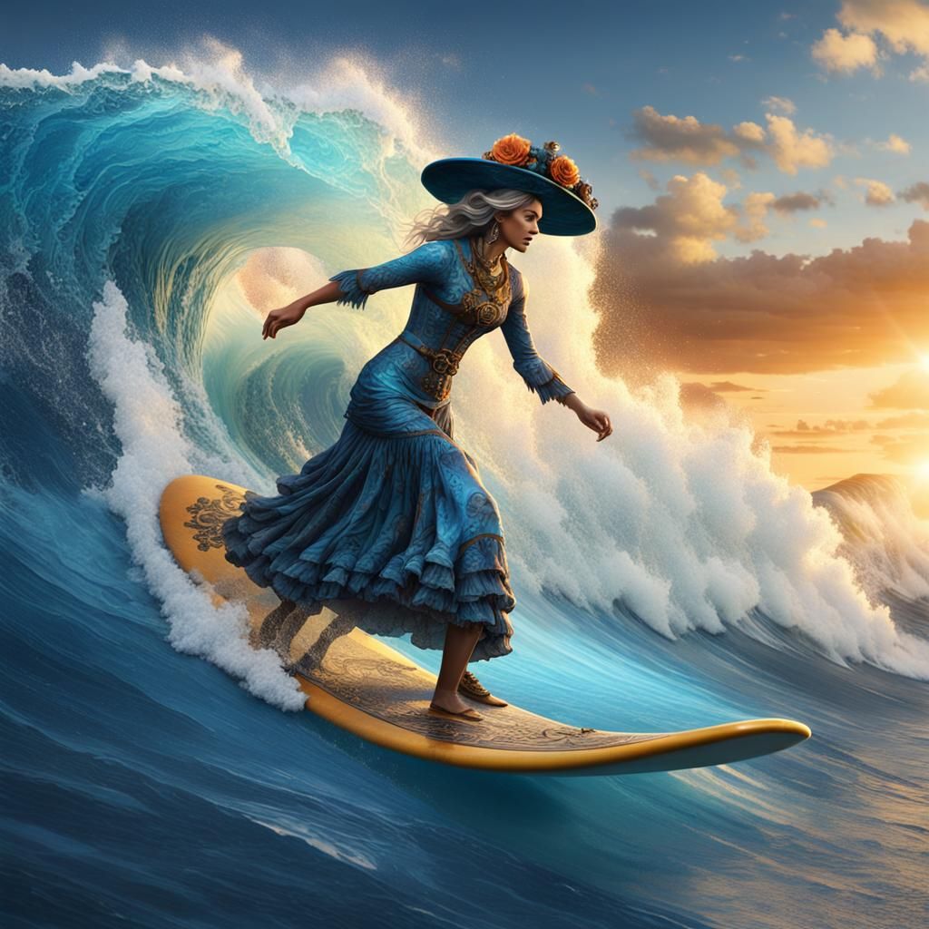 Steampunk Surfer Girl on Hawaiian Wave, Detailed Art