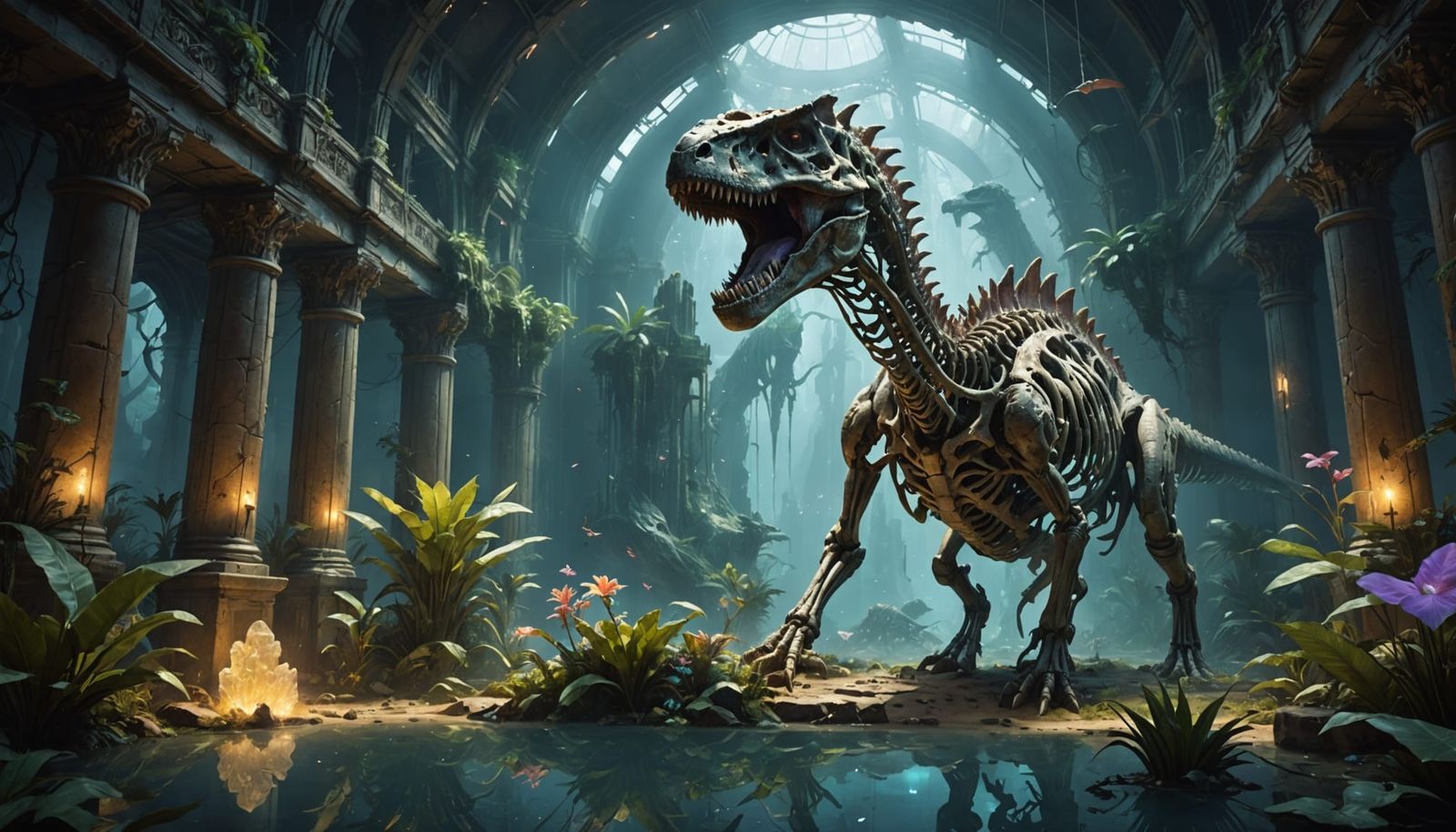 Crystalline Dimension: Dinosaur Skeleton in Surreal Light