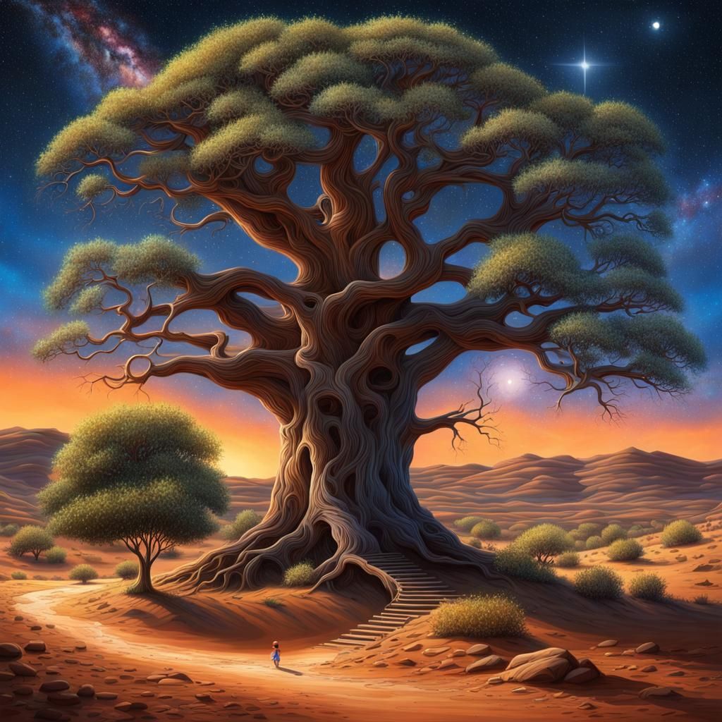 Magnificent Tree in Arid Land with Child