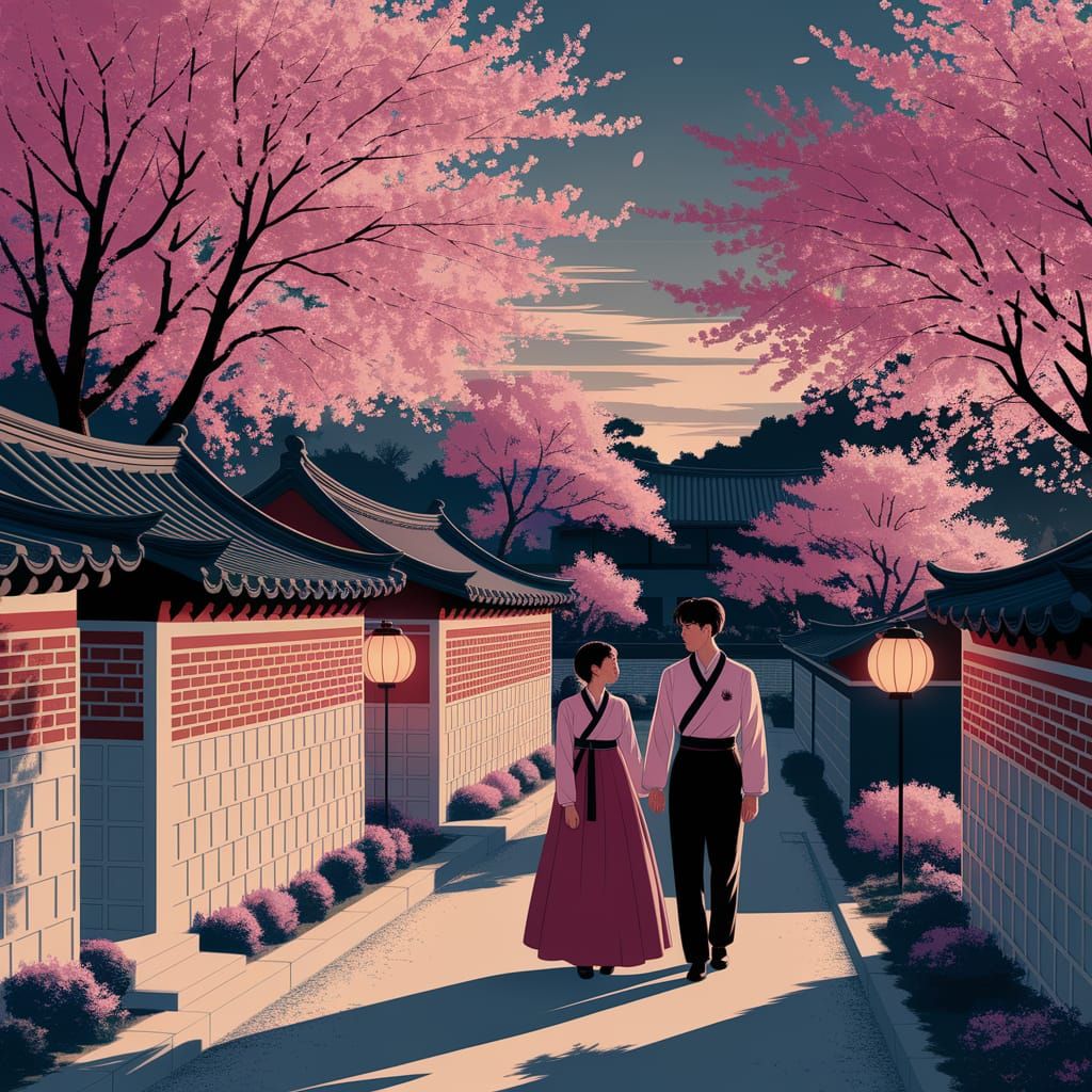 A Serene Korean Garden in Vibrant Flat Style