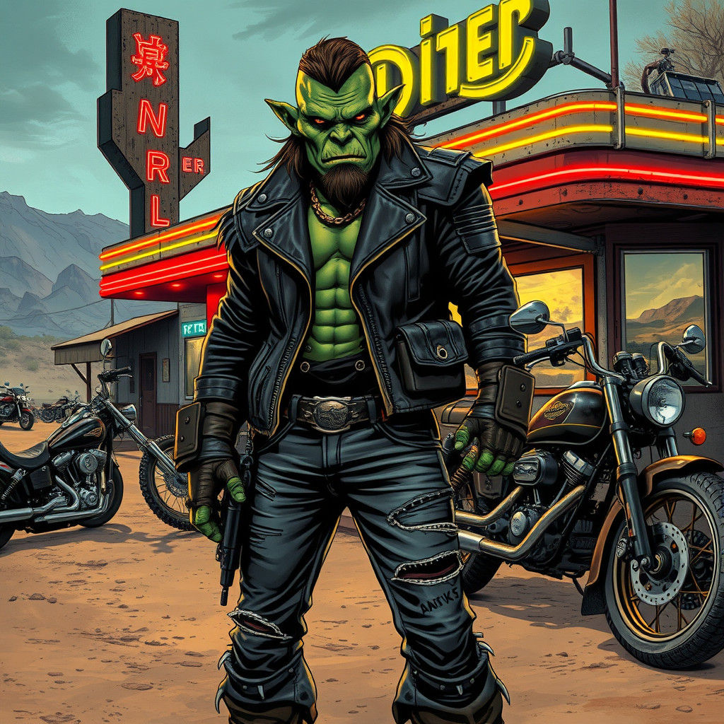 Orc Biker at Retro Diner in Comic Book Style
