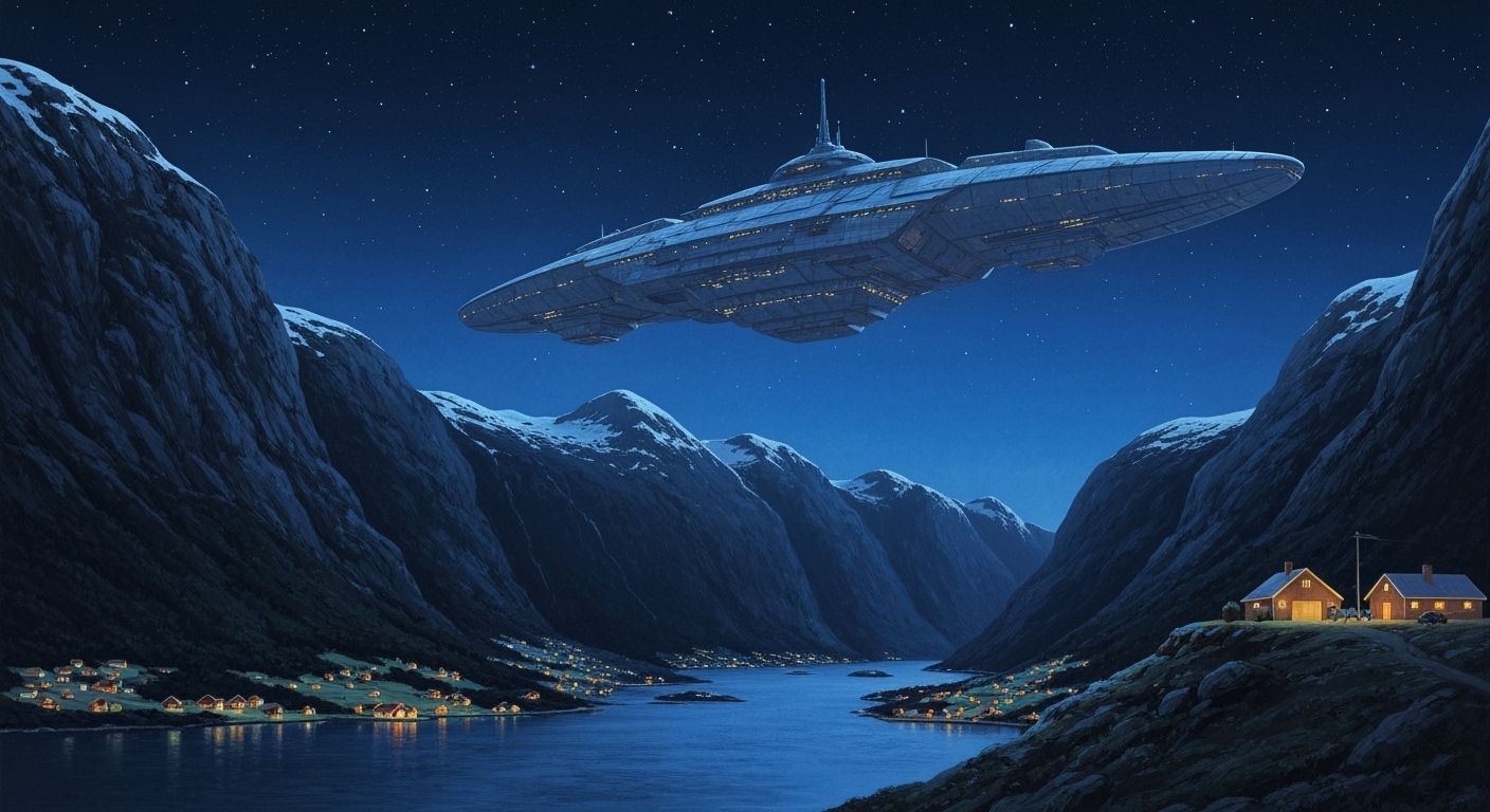 Starry Night Fjord Welcomes Alien Spaceship