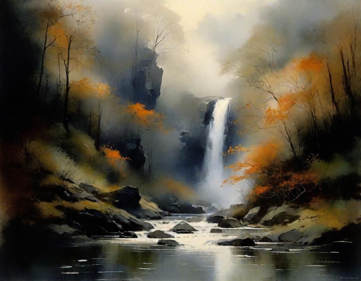 Misty Waterfall in Intricate Valley Landscape
