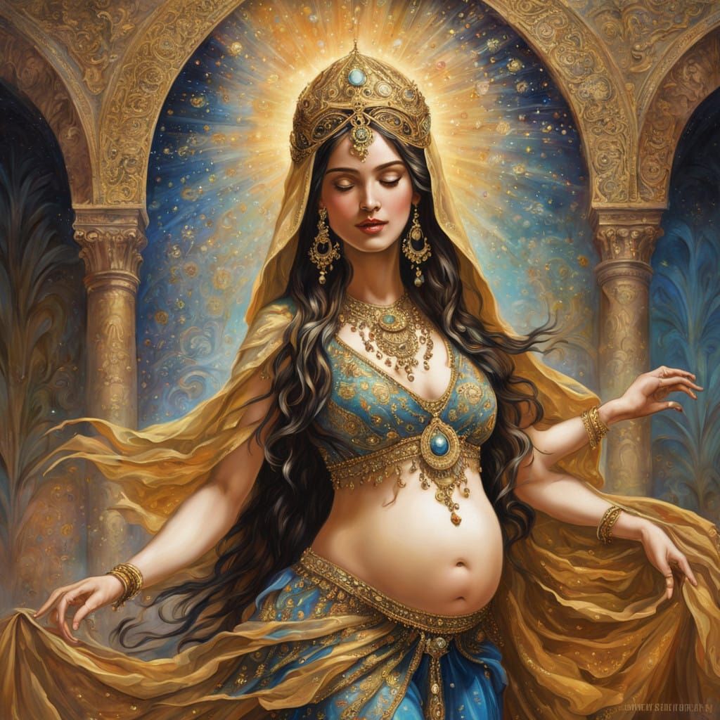 Pregnant Deity Performing a Belly Dance in Oils