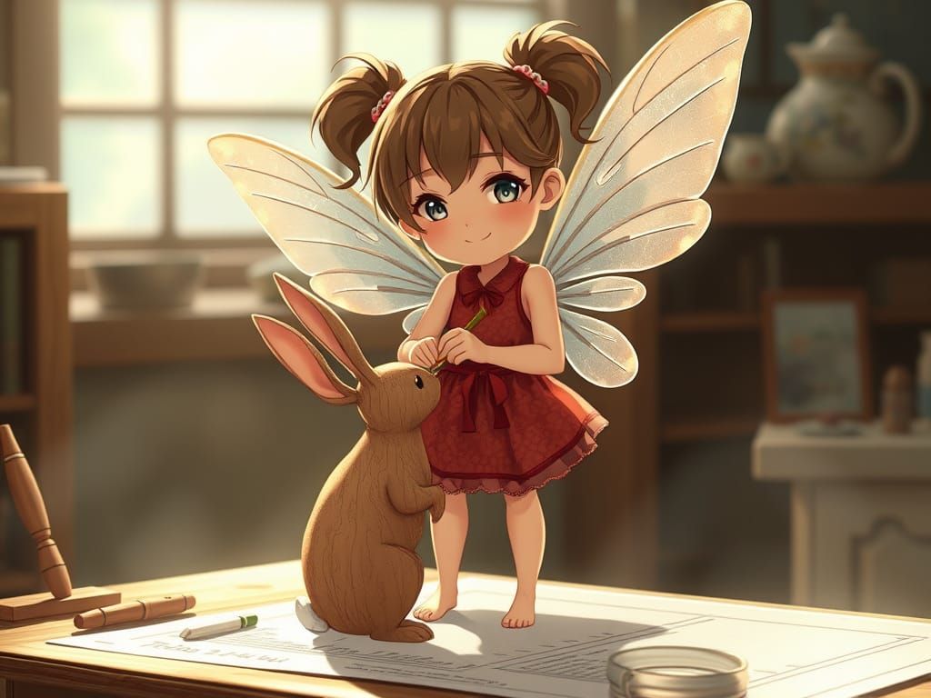 Pixie Woodcarver on Writing Desk in Anime Style