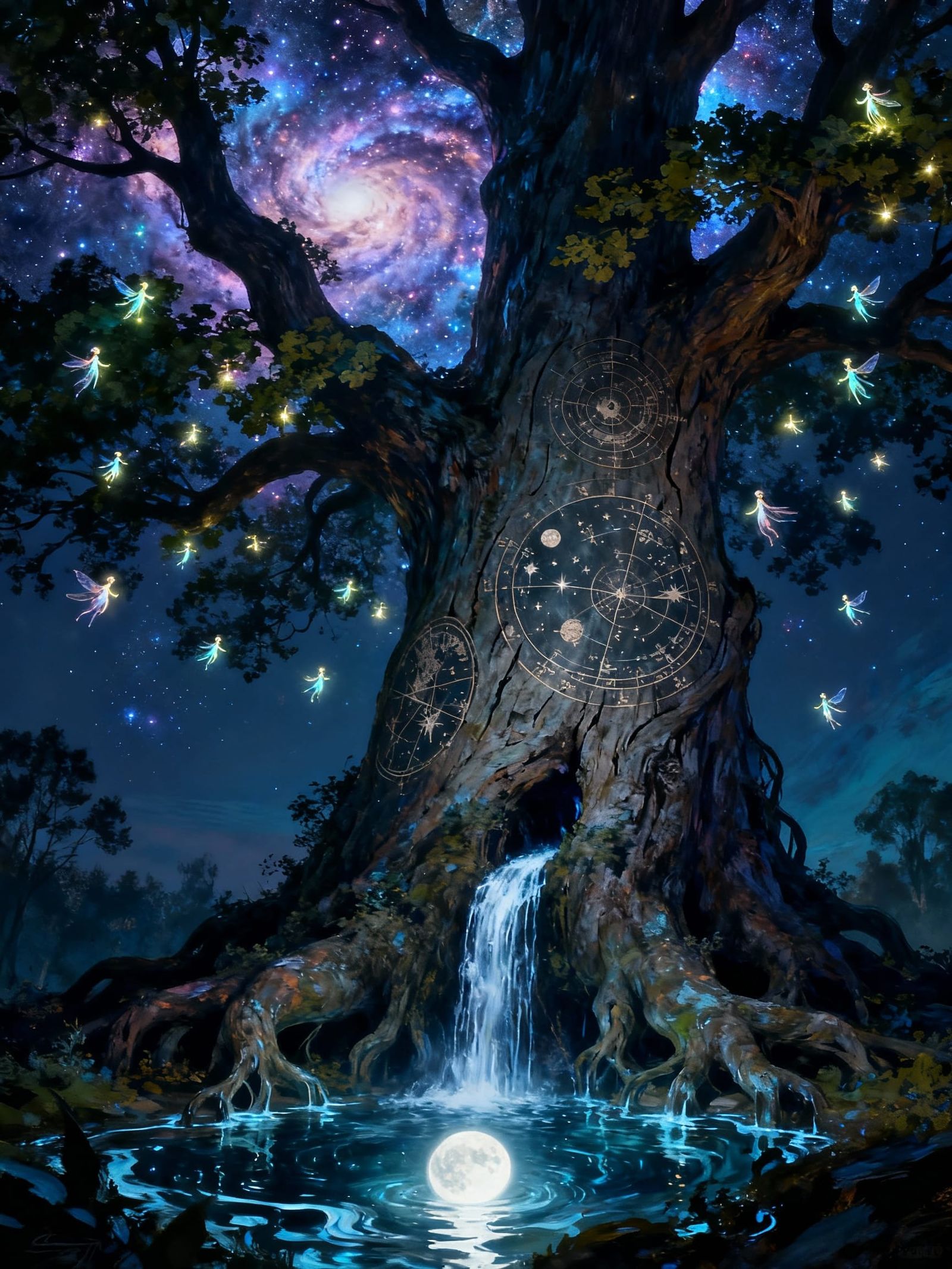 Ancient Celestial Tree in Nebula Sky