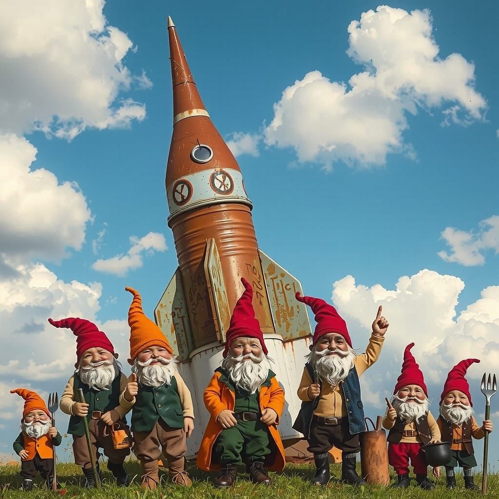 Gnomes Launching Tin Can Rocket, Whimsical Illustration