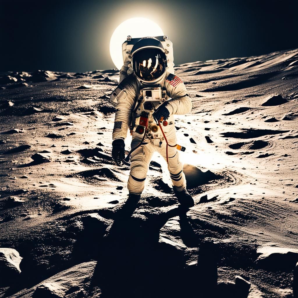 Astronaut Steps onto the Moon in Hyperrealistic Style