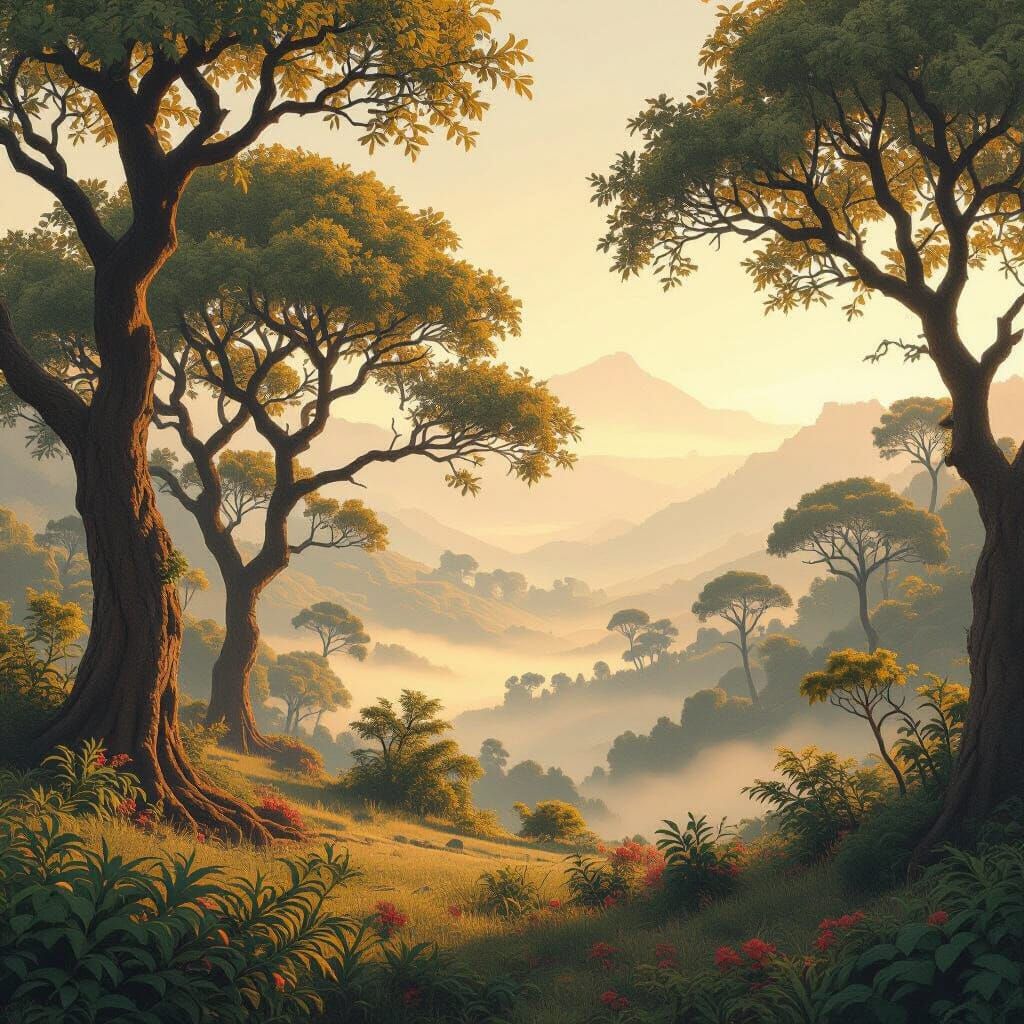 Lush Forest Landscape in Misty Atmosphere