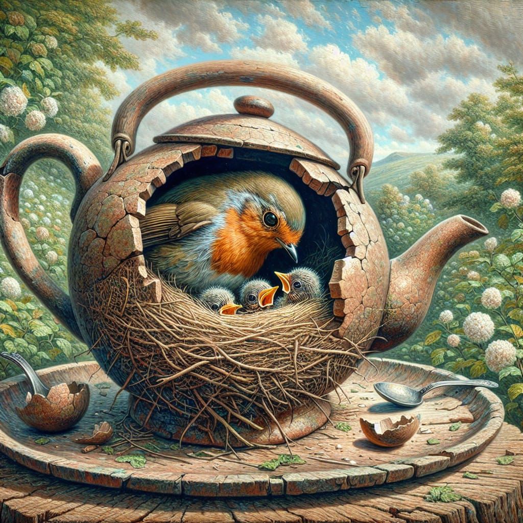 Whimsical Robin Teapot Nest Scene in Storybook Style