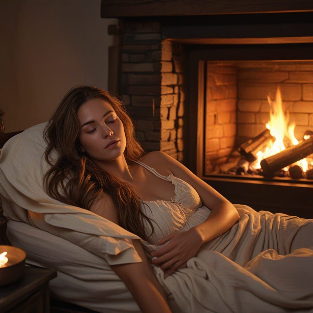 Fantasy Woman Sleeping by Firelight, Detailed Character Art