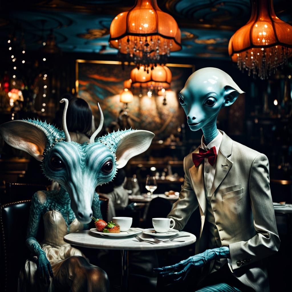 Surreal Restaurant with Aliens Celebrating, Hyperrealistic P...