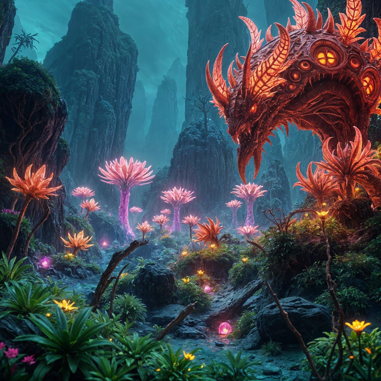 Fluorescent Fantasy Landscape in Detailed Digital Painting