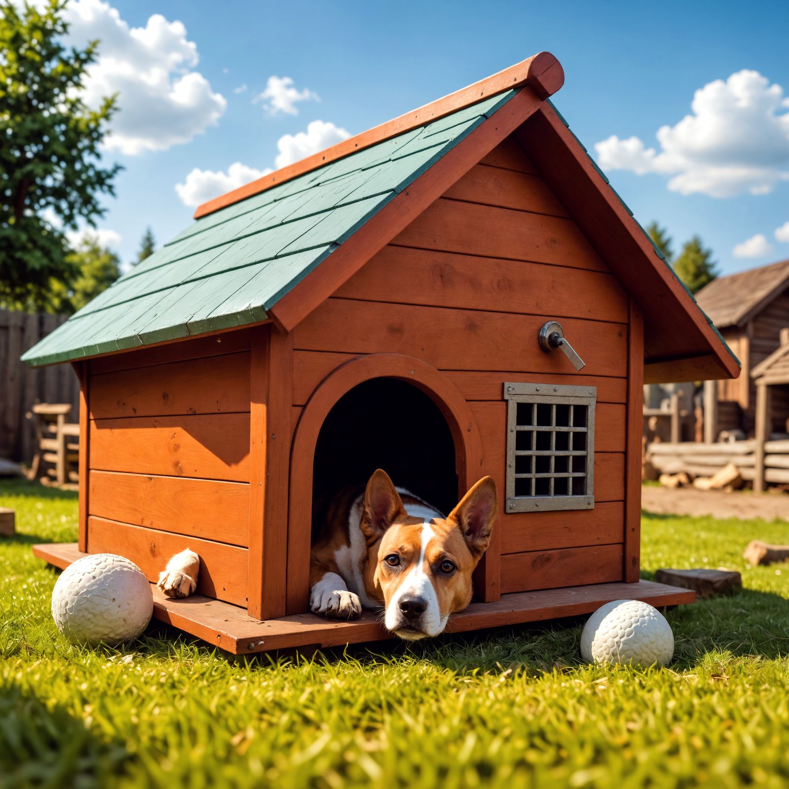 Dog in Cozy Doghouse Scene with Hyperrealistic Details
