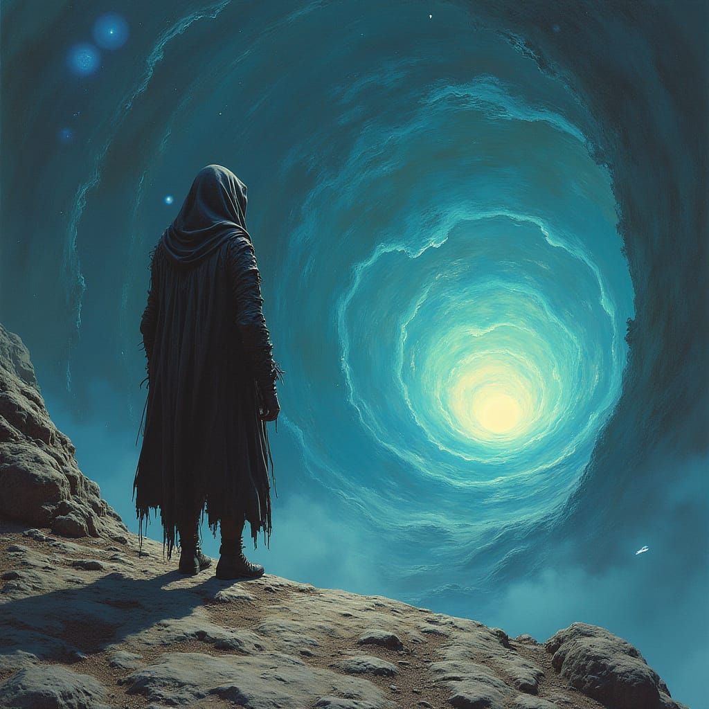 Cosmic Vortex and Lone Figure in Sci-Fi Landscape