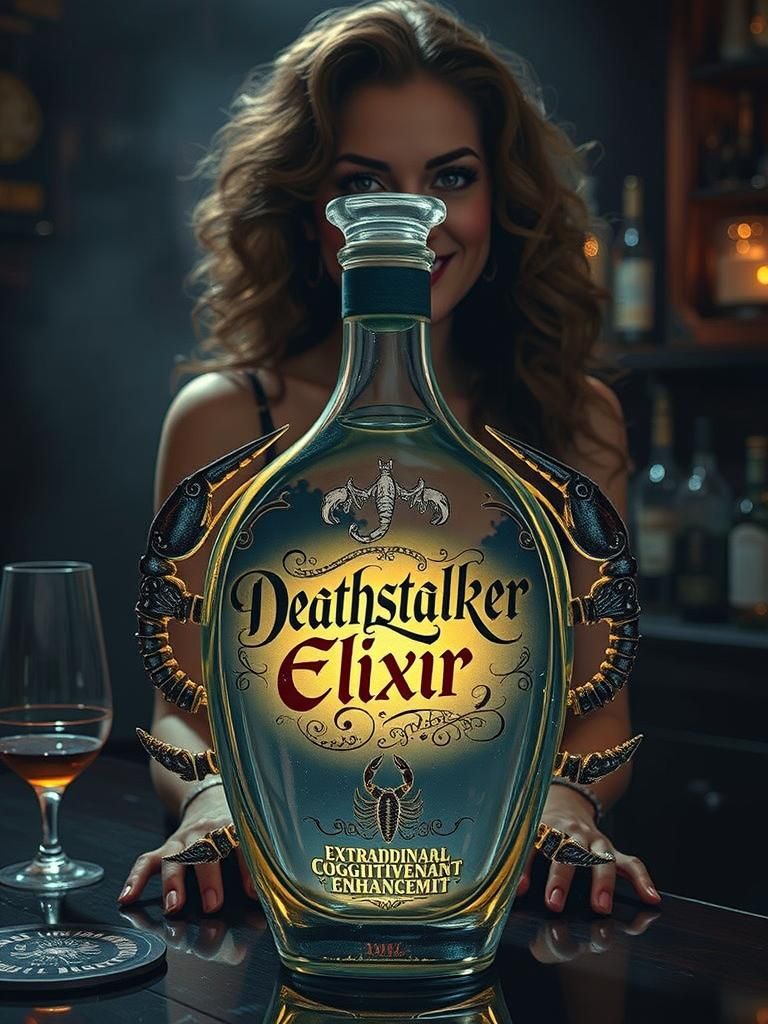 Deathstalker Elixir Bottle with Bartender in Cinematic Style