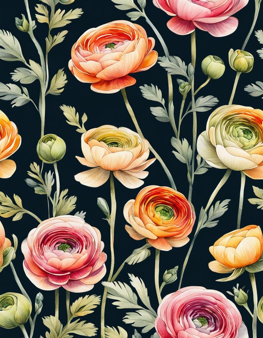 Vibrant Ranunculus Blooms in Whimsical Watercolor