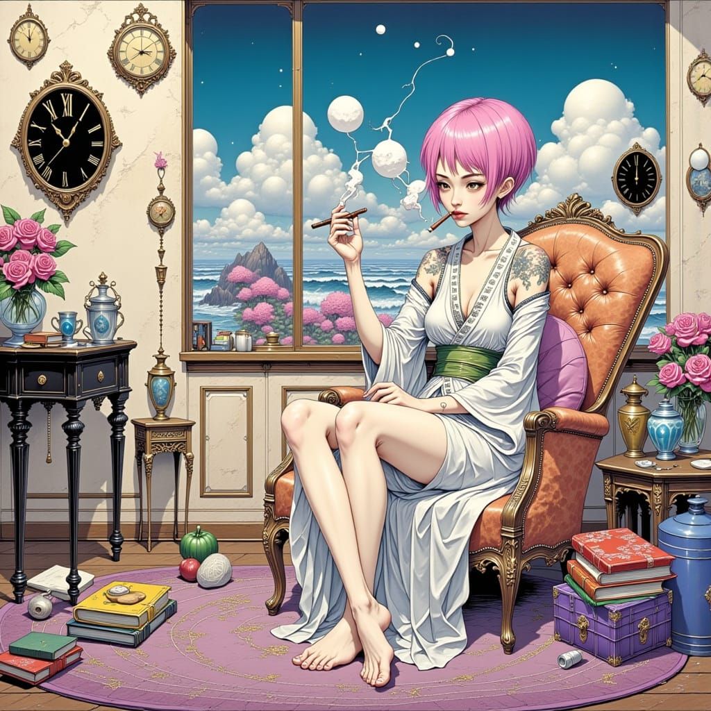 Japanese Woman Smoking in Surreal Boudoir