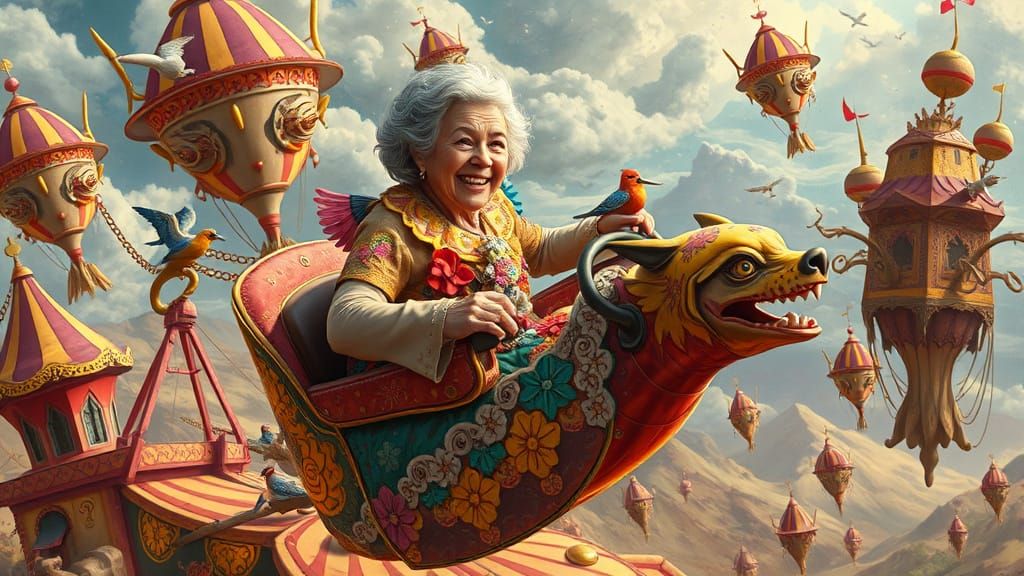 Woman on Whimsical Ride Soaring Through Surreal Landscape