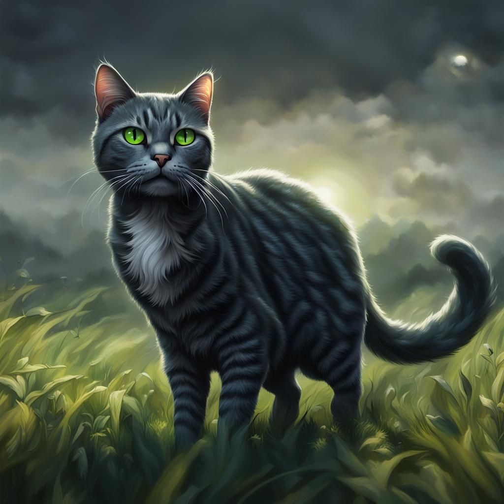 Detailed Gray Cat Portrait on Grassy Plain