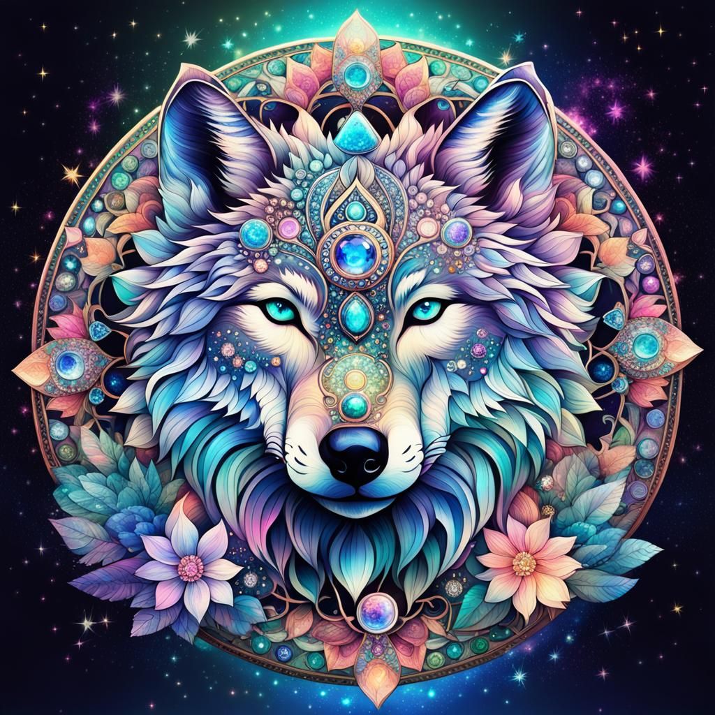 Wolf Mandala with Iridescent Flowers in Pastel Colors