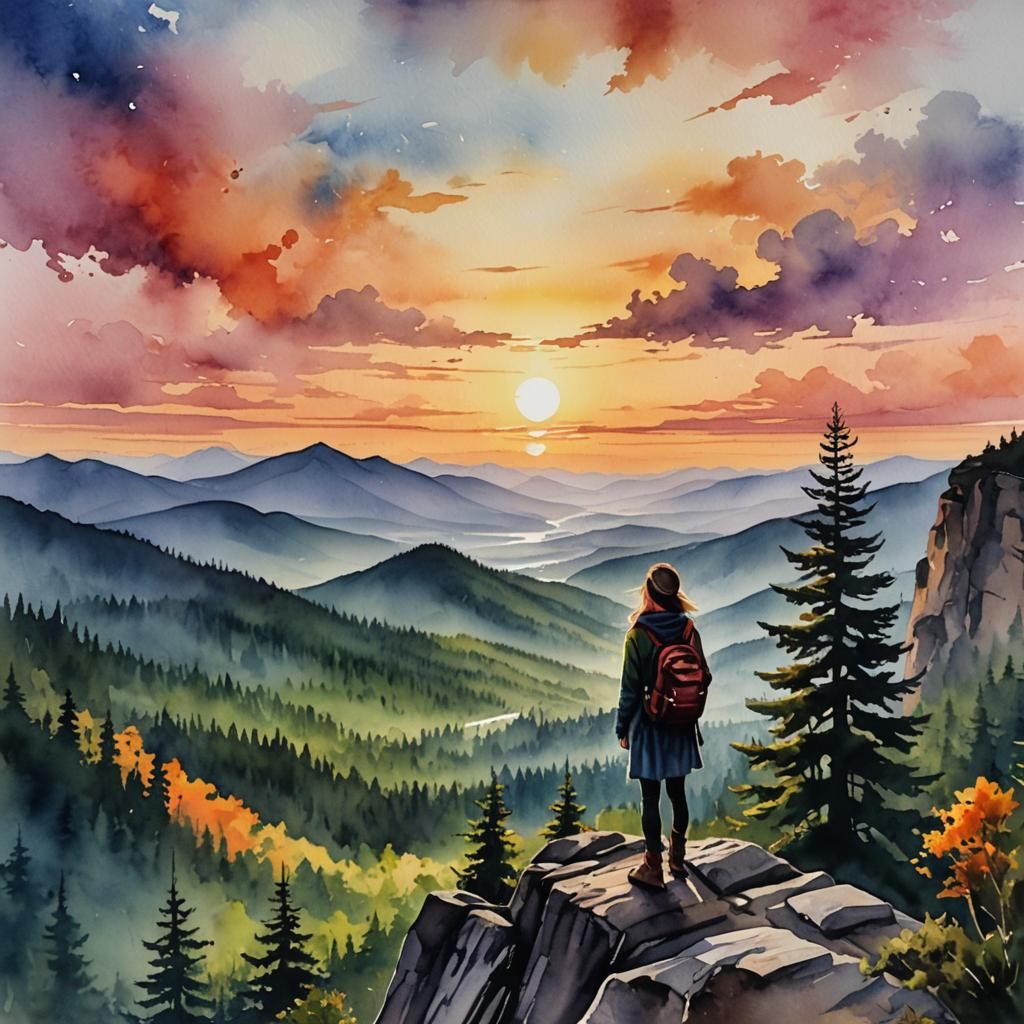 Sunset Over Wilderness: Watercolor Landscape