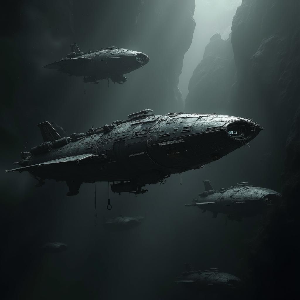 Detailed Black and White Spaceships in Matte Painting Style