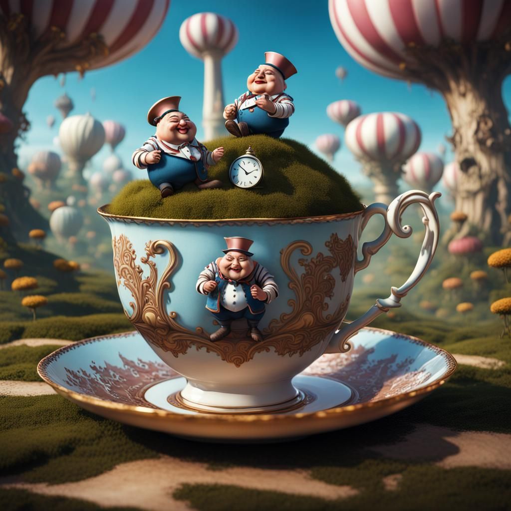 Tweedle Dee and Tweedle Dum, Alice in Wonderland, in a tea cup