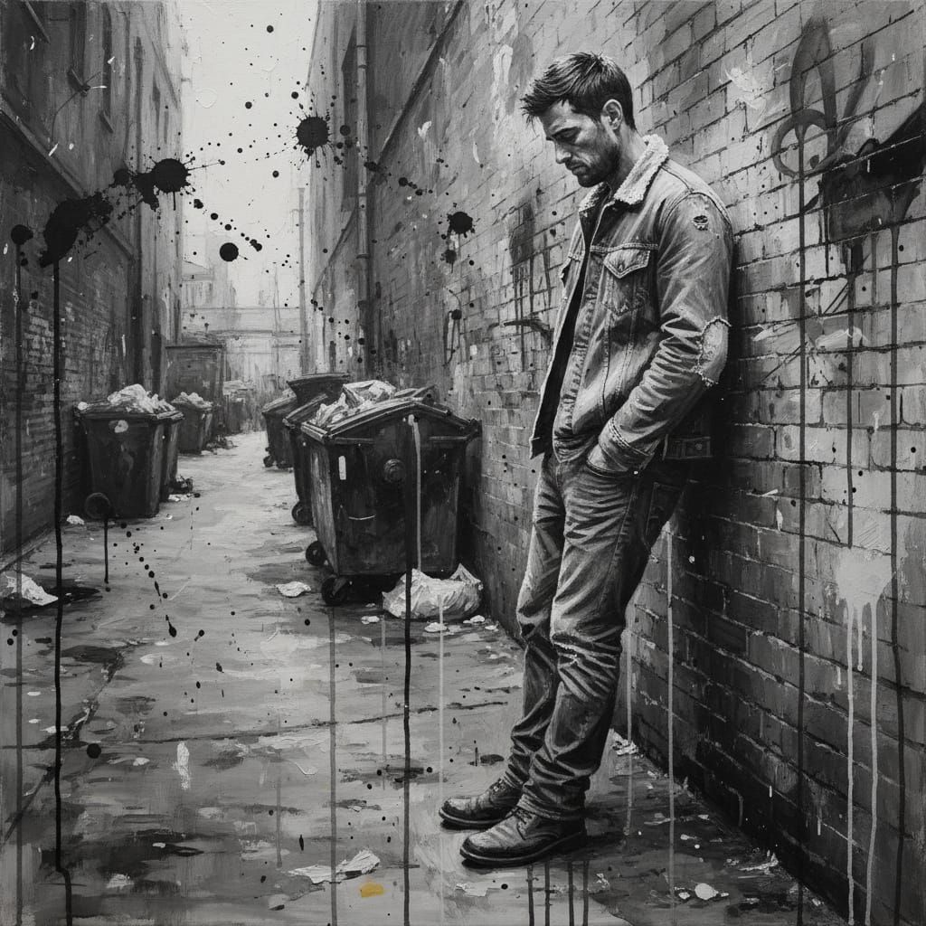 Lonely Man in Alley: Inksplash Oil Painting