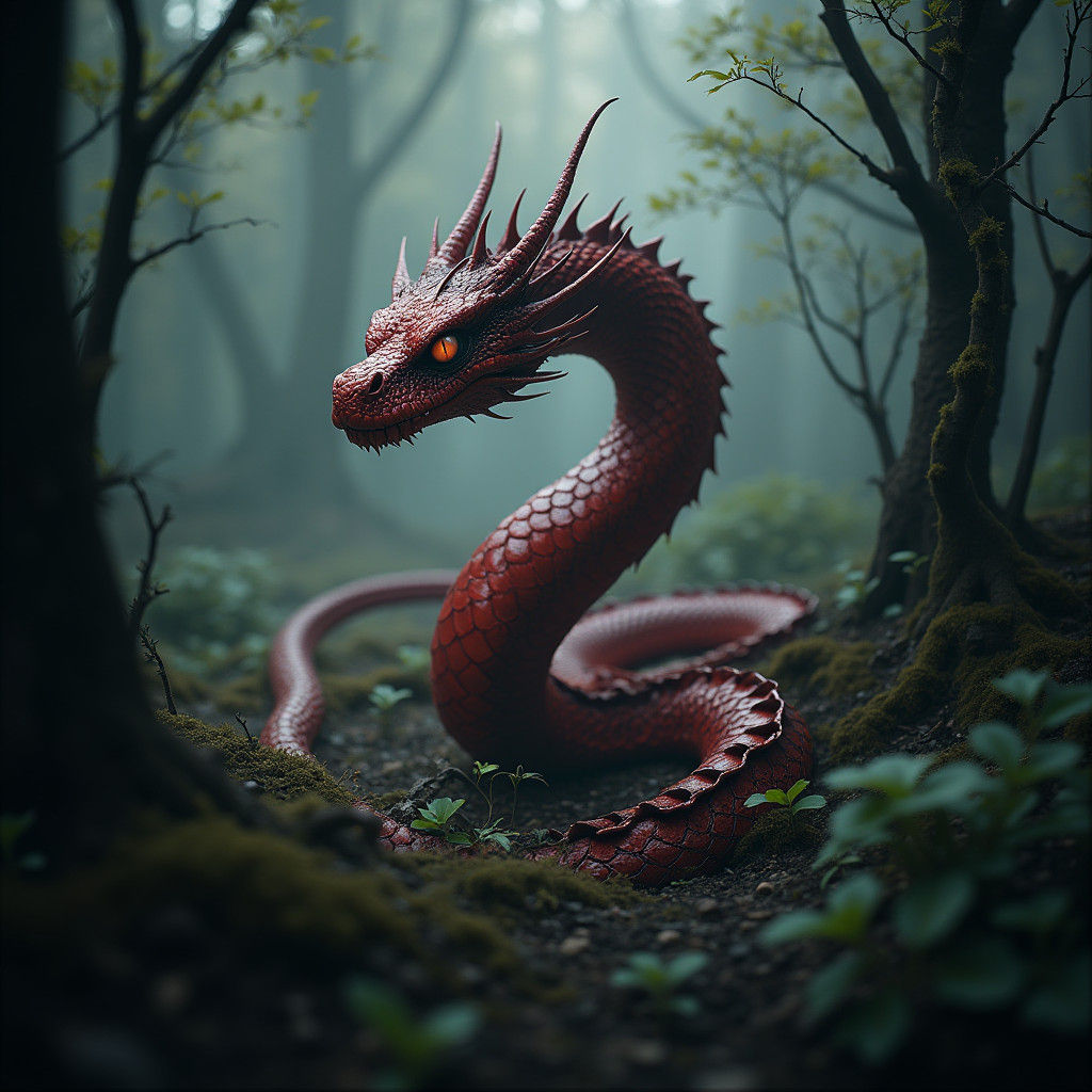 Crimson Serpent Dragon in Ancient Forest