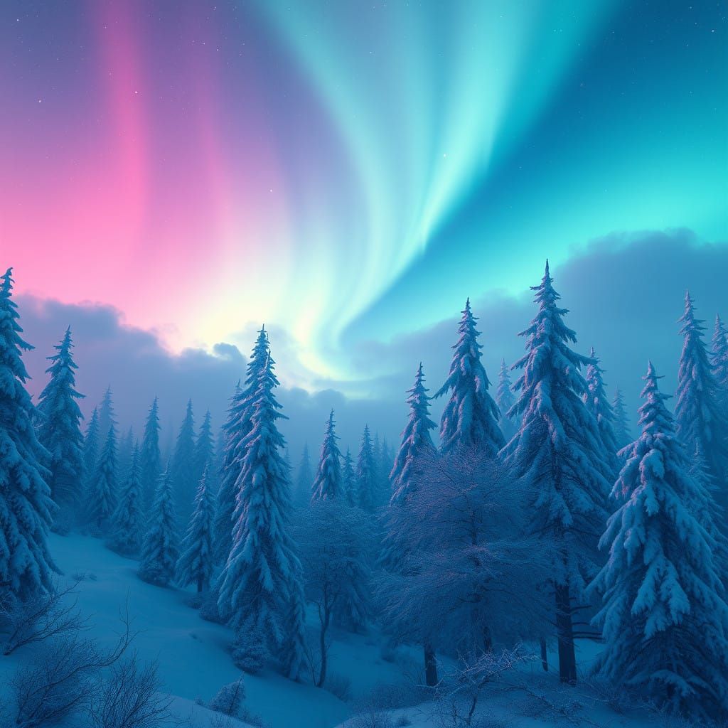 Surreal Aurora in Dreamlike Snowy Landscape, Fantasy Concept...