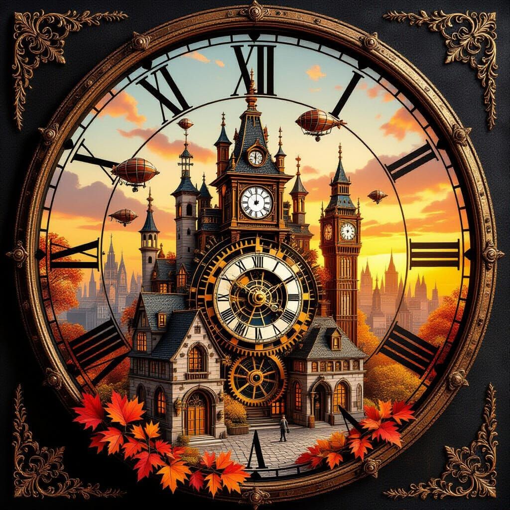 Miniature Autumn City Inside Grandfather Clock, Airships Hov...