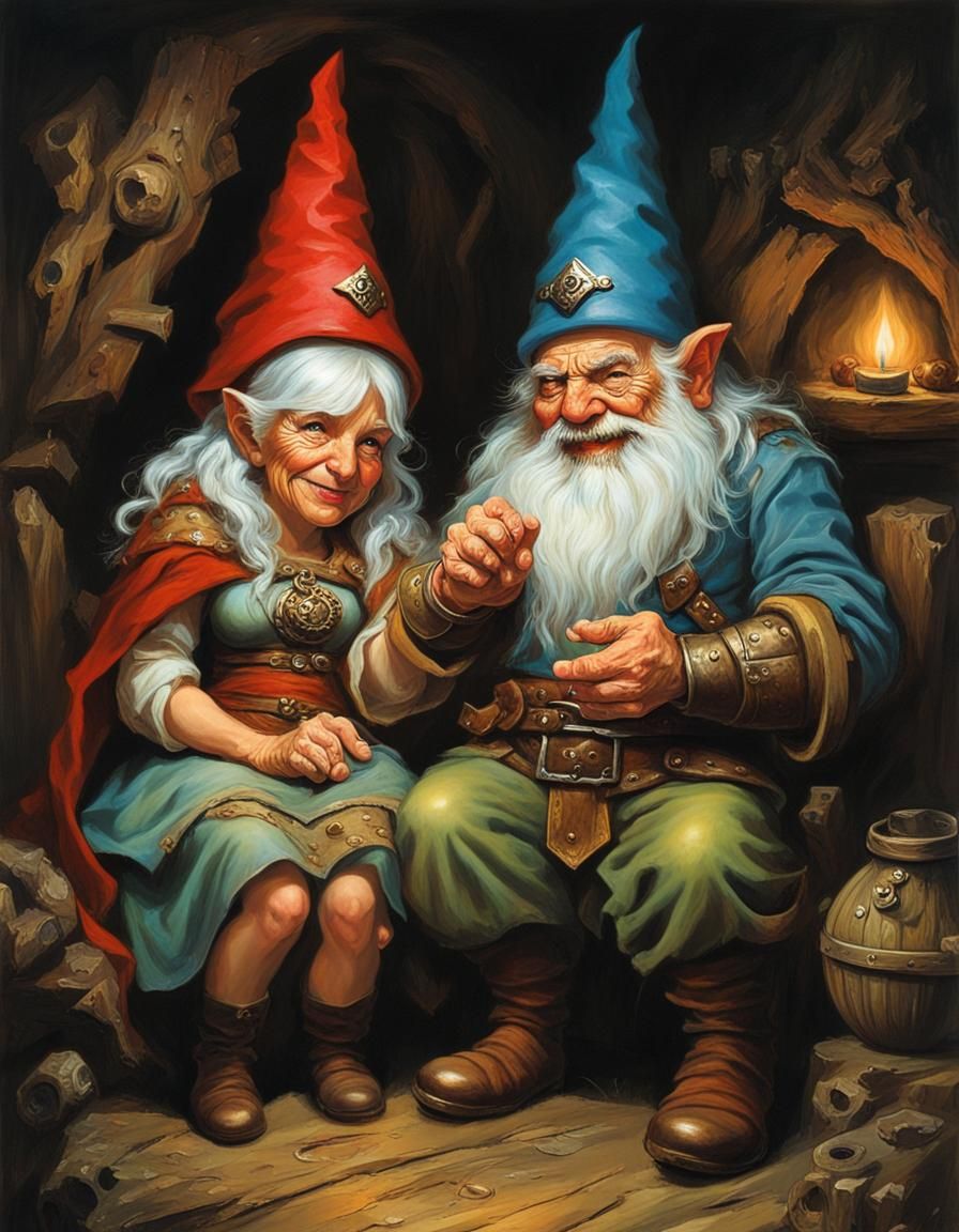 Gnome Couple in Dim Cabin, Fantasy Illustration