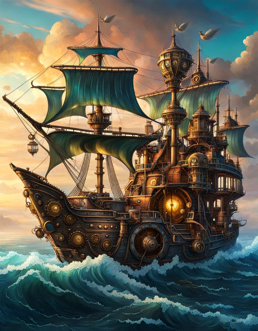 Epic Steampunk Fairy Ship in Detailed Seascape