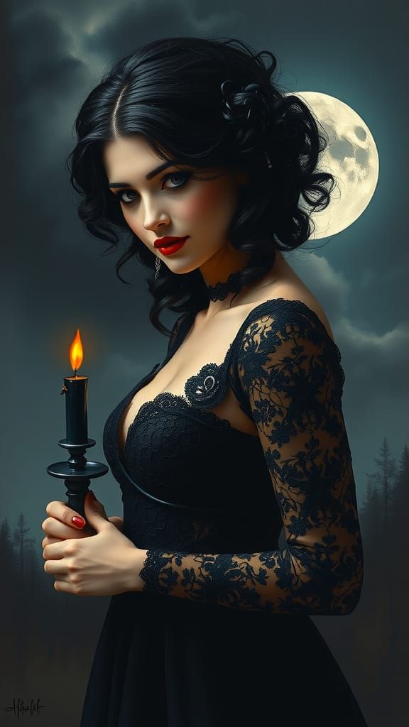Mysterious Goth Woman with Candle in Impressionist Style