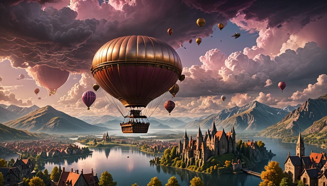 Steampunk Airship Over Medieval Village in Detailed Fantasy ...