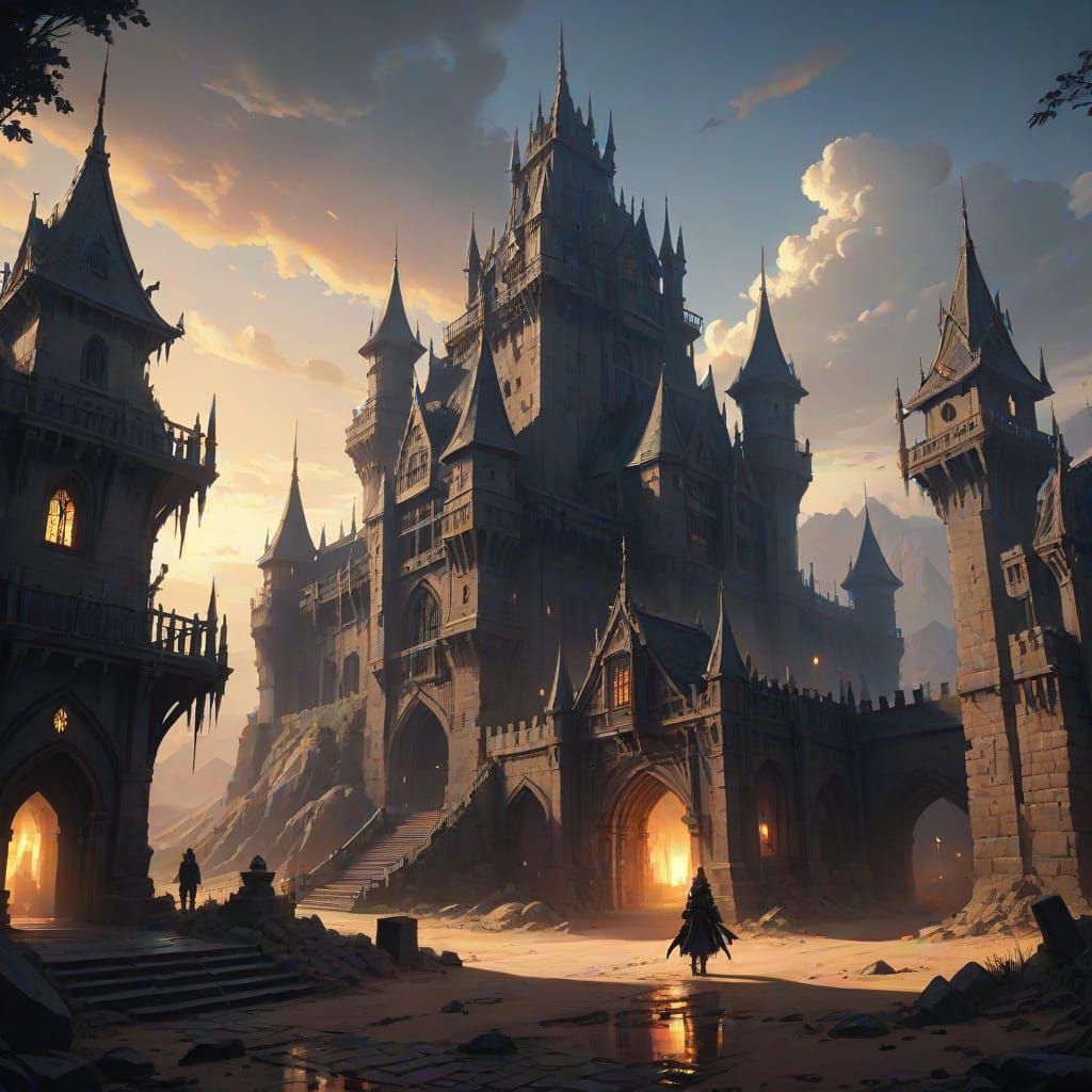 Medieval Desert Castle in Dark, Gothic Style with Metal Spik...