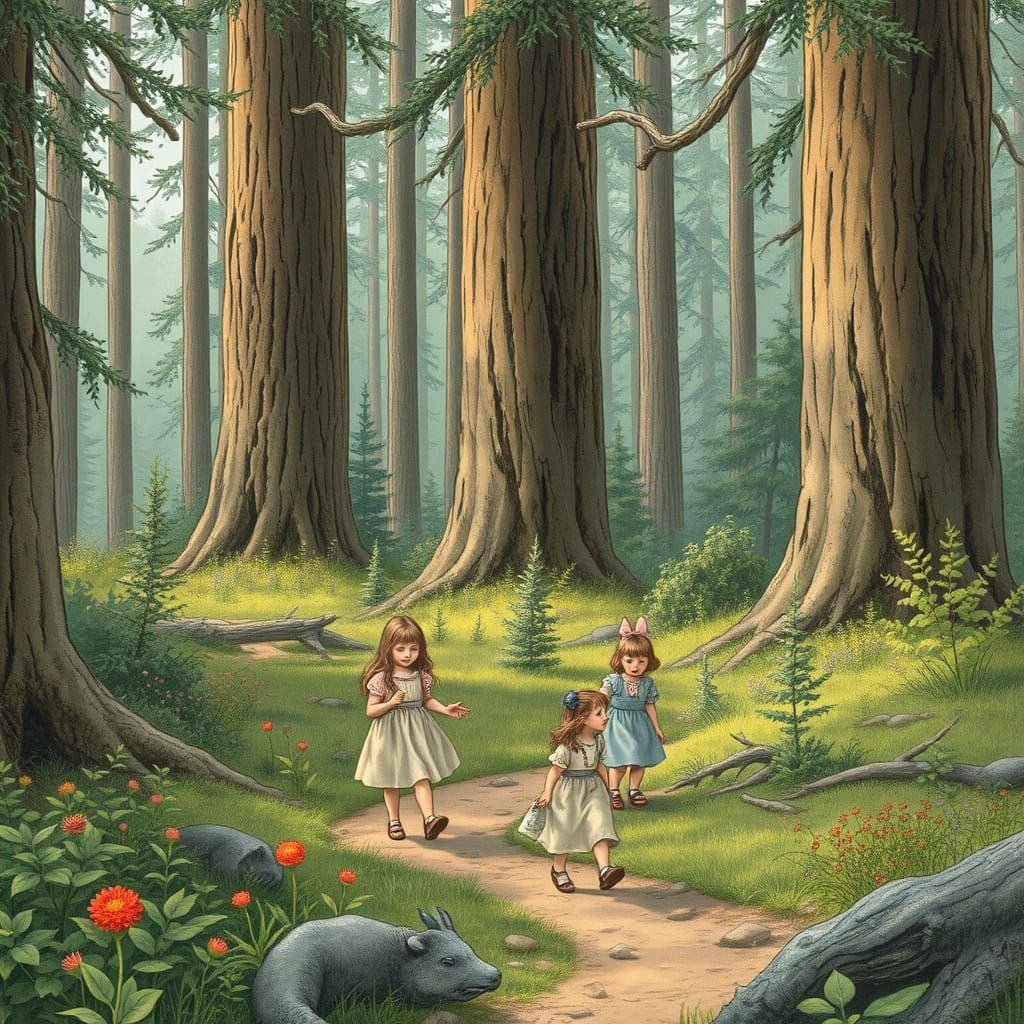 Children in Forest, Beatrix Potter Illustration