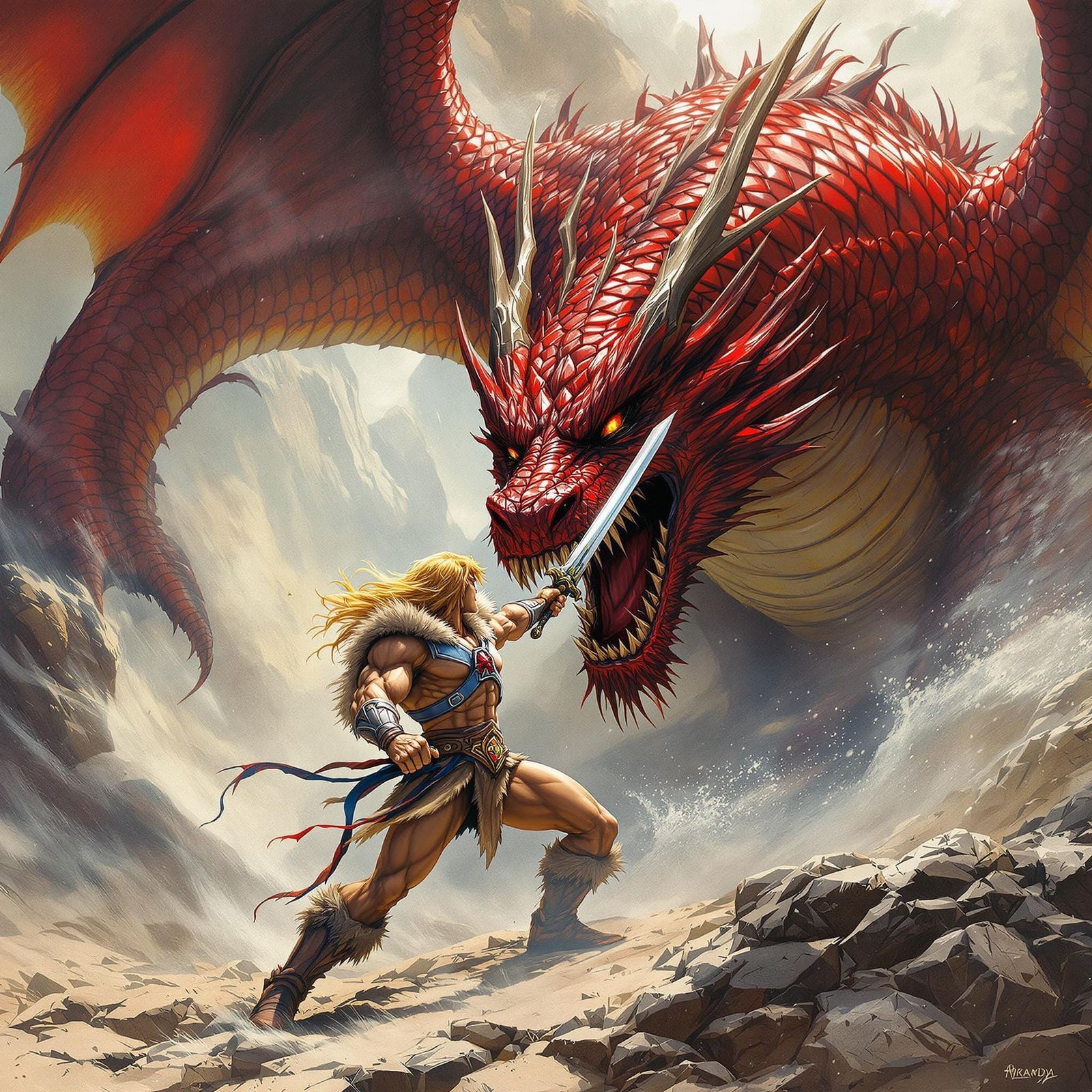 He-Man Battles Red Dragon in Dark Fantasy Style