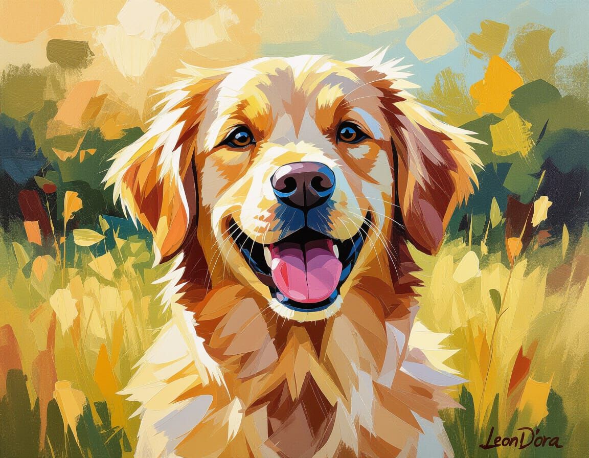 Joyful Golden Retriever in Impasto Oil Painting