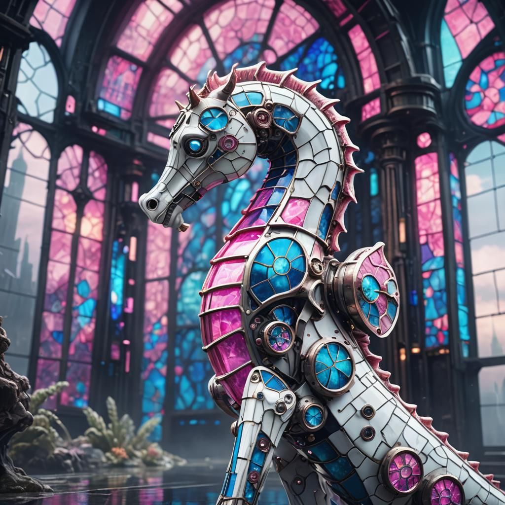 Futuristic Seahorse with Stained Glass Mech Details