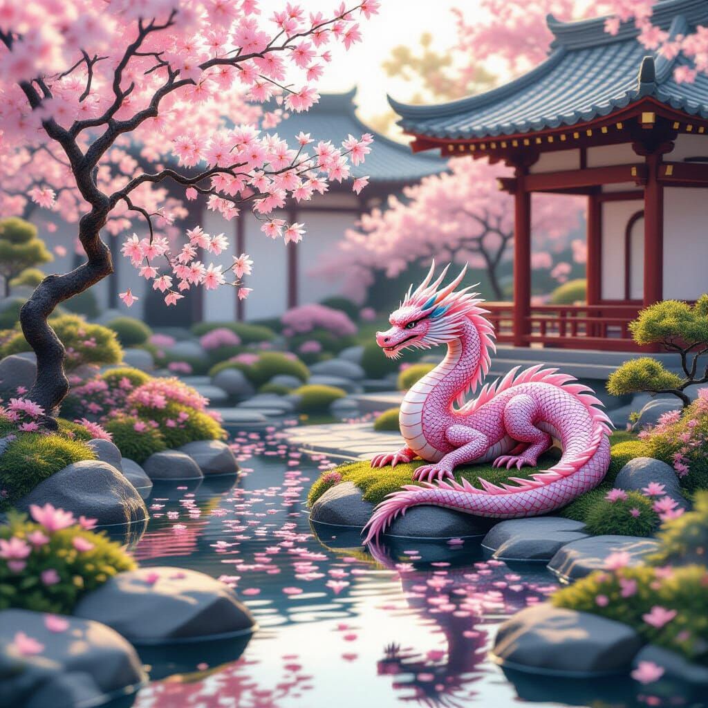 Pink Dragon in Serene Zen Garden, Digital Art