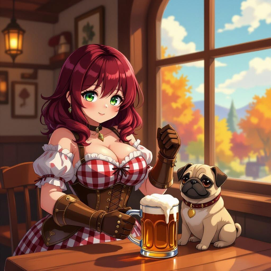 Anime Woman with Crimson Hair and Pug in Tavern