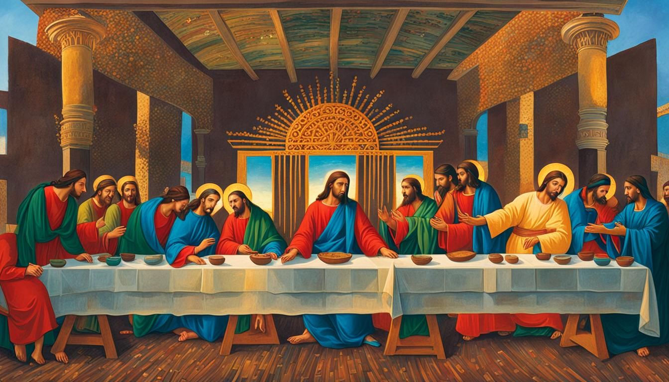 Jesus and Disciples in Luxurious Room as Painting Sculpture