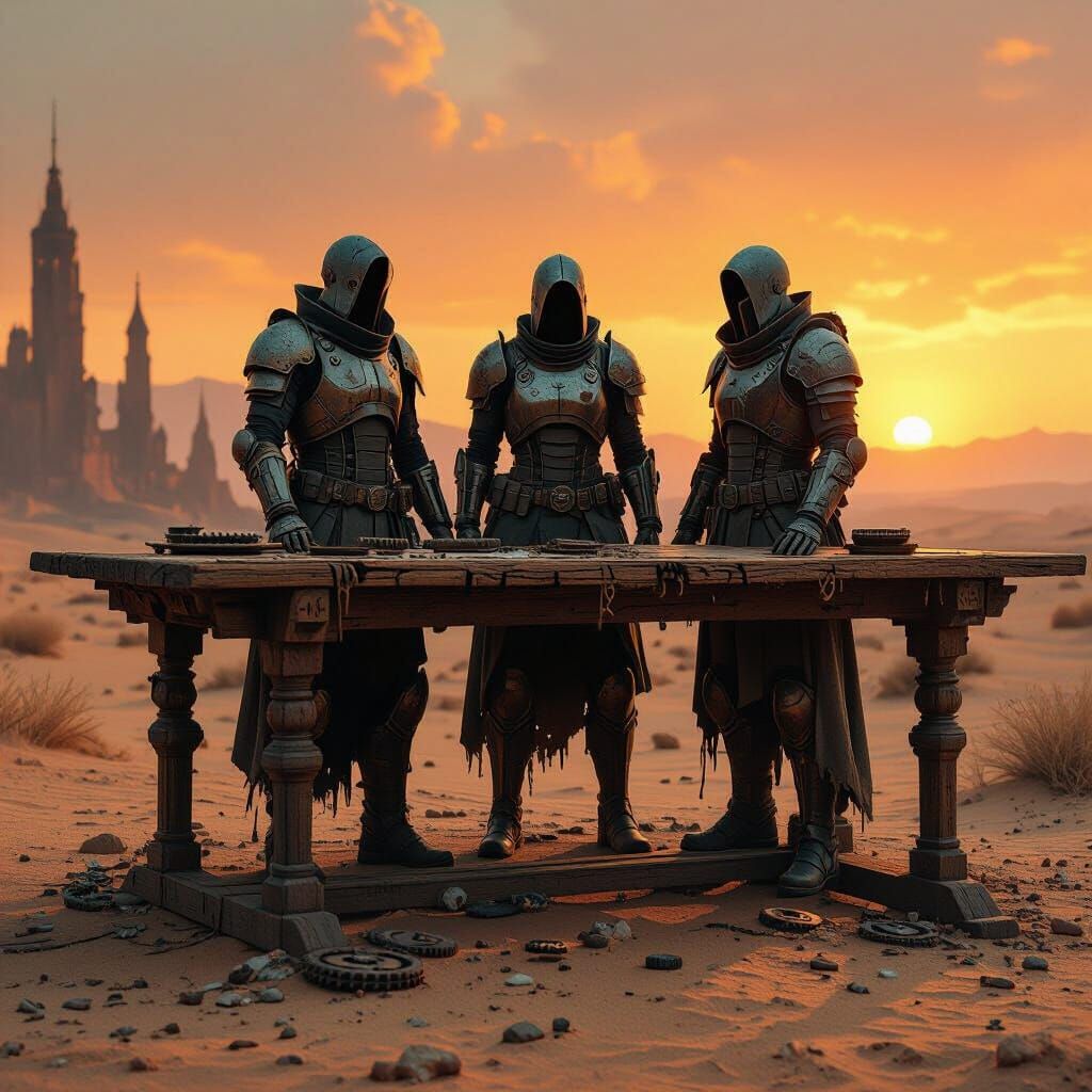 Post-Apocalyptic Figures on Table in Steampunk Landscape