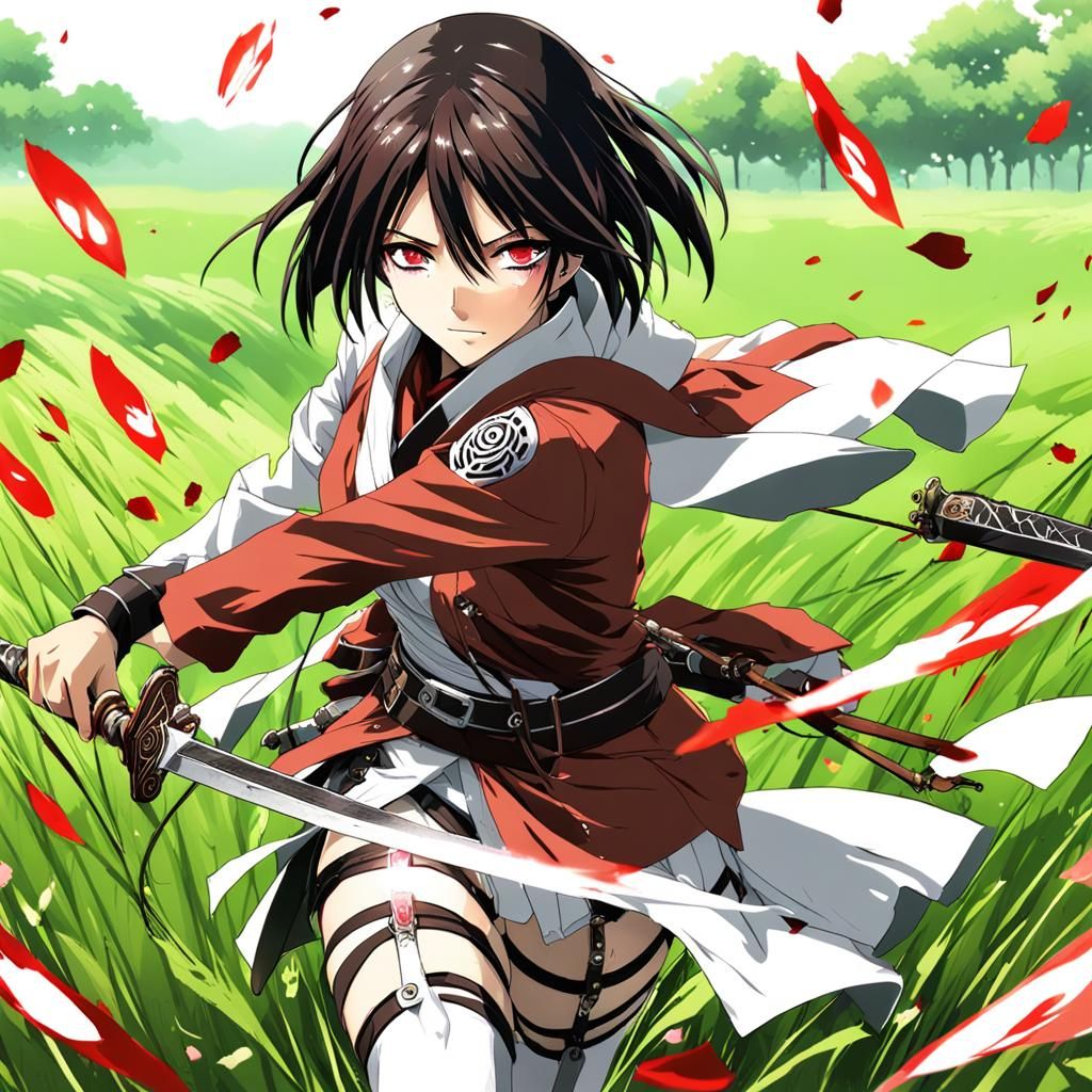Mikasa Ackerman with Sharingan in Anime Style