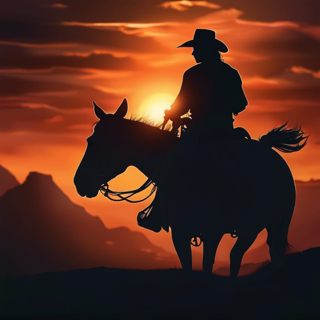 Cowboy Silhouette at Dramatic Sunset: Digital Painting