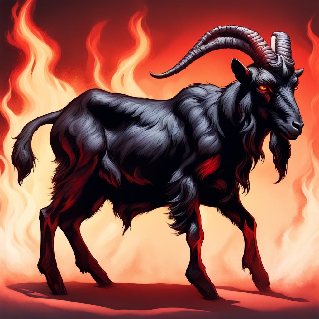 Muscular Black Goat with Red Eyes in Hyperrealistic Style